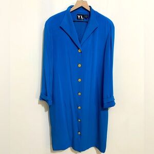 Vintage Blue Silk Gold Button Down Duster Brand YL By Yair Size 16